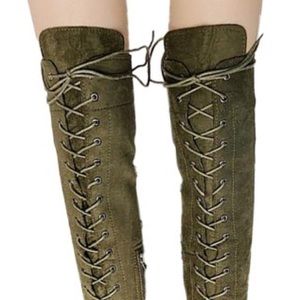 Cato green lace up tall wedge suede boots